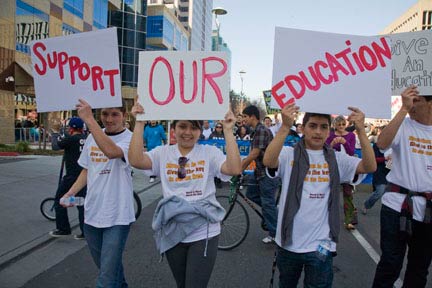 Students and teachers from community colleges, state university campuses and campuses of the University of California marched in Sacramento to oppose cuts to state funding for education.